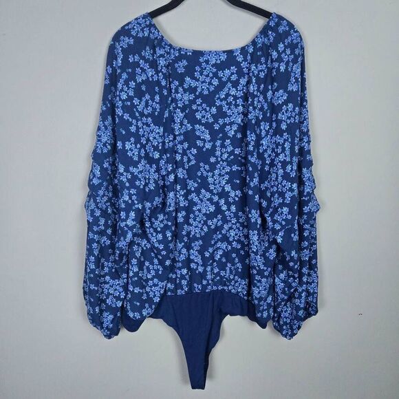 Draper James Womens Floral Button Up Bodysuit Size 2X Blue Ruffle Cottagecore - Picture 2 of 8
